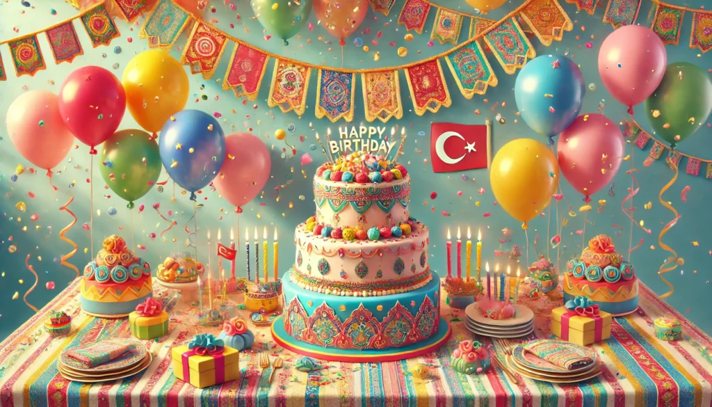 DALL·E 2024 12 26 02.10.17 A vibrant and celebratory image of a colorful birthday party scene with a cake balloons and confetti set in a cheerful atmosphere. Include a subtle